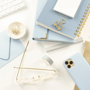 Image of blight blue stationary items for Pinterest Strategies Work Space.
