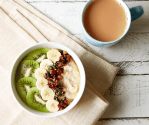 Image of yogurt bowl and coffee. 