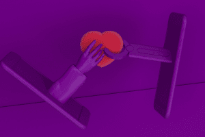 Image of two phones holding hearts.